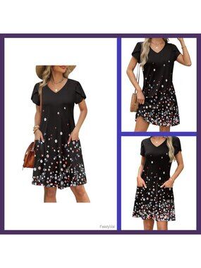 OFEEFAN Women's Summer Dress V Neck Petal Short Sleeve Swing Sundress with